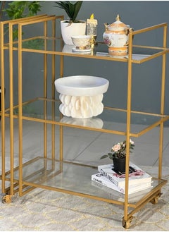 alimforyou 3-tier serving tray with wheels, golden color and clear glass, size 90*77*40 cm 