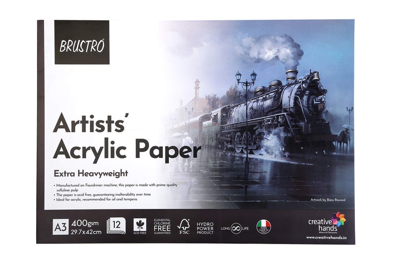BRUSTRO Artists Acrylic Glued Pad | 400 GSM, A3, 12 Sheets | Ideal for Acrylic Painting, Oil & Tempera, Multipurpose Use for Students, Professionals. - Image 1