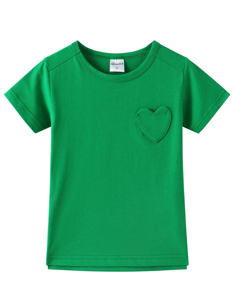 Noomelfish Girls Short Sleeve Heart Pocket T-Shirts Casual Cotton Tee Tops Blouse, Green, Size 5-6 Years - Image 1