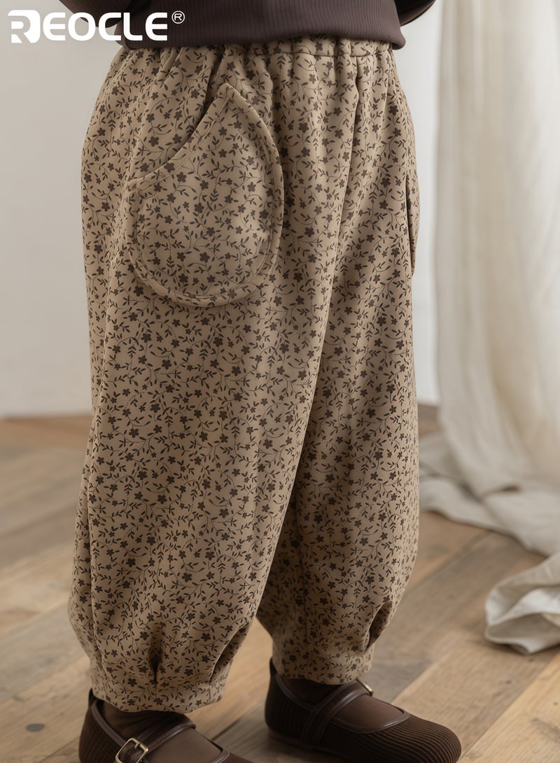 ريوكل بنطلون بطباعة زهور للبنات بتصميم فضفاض وعصري - سراويل كاجوال بحزام مرن للارتداء في فصل الخريف - Image 3