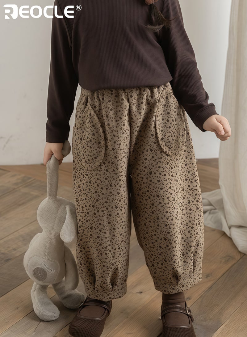 ريوكل بنطلون بطباعة زهور للبنات بتصميم فضفاض وعصري - سراويل كاجوال بحزام مرن للارتداء في فصل الخريف - Image 2