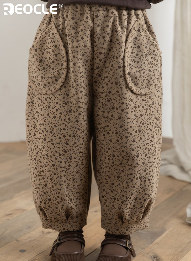 ريوكل بنطلون بطباعة زهور للبنات بتصميم فضفاض وعصري - سراويل كاجوال بحزام مرن للارتداء في فصل الخريف - Image 2