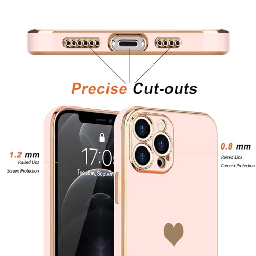 Teageo for iPhone 12 Pro Case for Women Girl Cute Love-Heart Luxury Bling Plating Soft Back Cover Raised Full Camera Protection Bumper Silicone Shockproof Phone Case for iPhone 12 Pro, Light Pink - Image 2