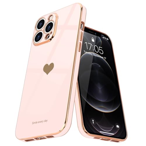 Teageo for iPhone 12 Pro Case for Women Girl Cute Love-Heart Luxury Bling Plating Soft Back Cover Raised Full Camera Protection Bumper Silicone Shockproof Phone Case for iPhone 12 Pro, Light Pink - Image 1