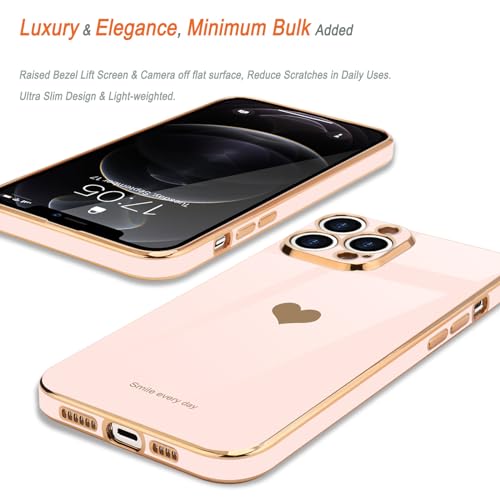 Teageo for iPhone 12 Pro Case for Women Girl Cute Love-Heart Luxury Bling Plating Soft Back Cover Raised Full Camera Protection Bumper Silicone Shockproof Phone Case for iPhone 12 Pro, Light Pink - Image 3