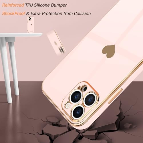 Teageo for iPhone 12 Pro Case for Women Girl Cute Love-Heart Luxury Bling Plating Soft Back Cover Raised Full Camera Protection Bumper Silicone Shockproof Phone Case for iPhone 12 Pro, Light Pink - Image 4