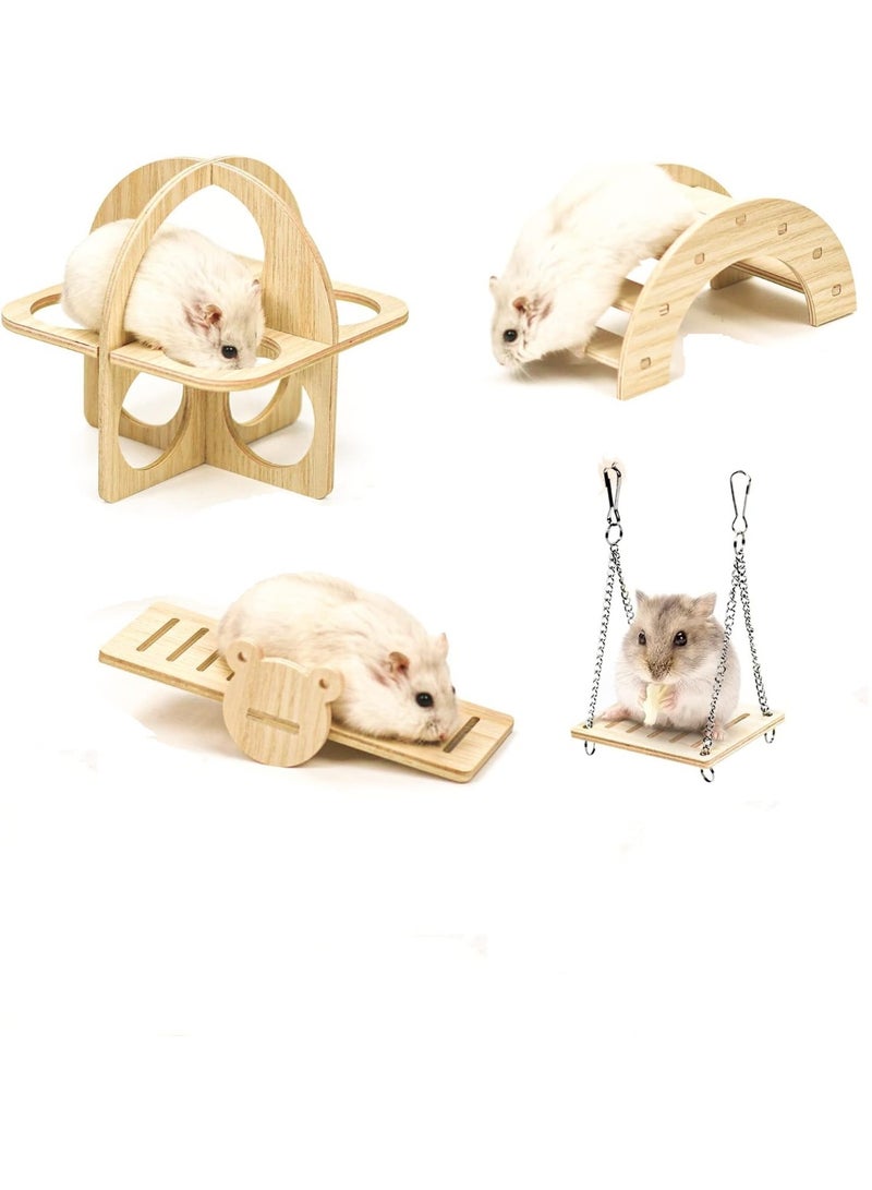 مجموعة من 4 قطع لعب الهامستر الخشبية ، مخبأ الهامستر DIY Bridge Seesaw أرجحة وتدريب لعبة قفص ديكور اكسسوارات ملعب الهامستر للجربيلز والجرذان والهامستر القزم - Image 1