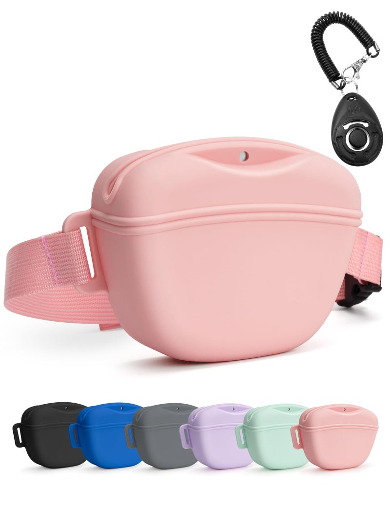 heouvo Dog Treat Pouch with Training Clicker, Upgrade Stronger Magnetic Closure to Avoid Spilling, 1.67 Cup Silicone Treat Bag Fanny Pack with Waist Belt for Pet Training Walking (Pink) - Image 1