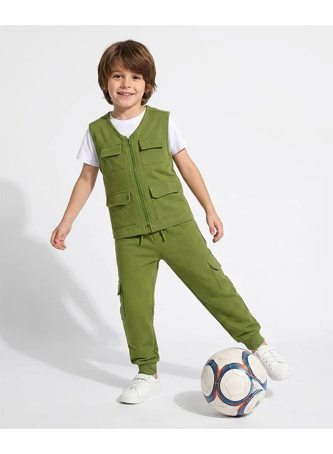 Ollington St. Ollington St. Cotton Knit Solid Jacket With Inner Tee & Joggers - Olive Green