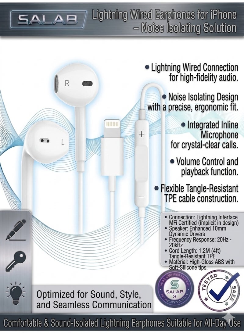 Salab Lightning Wired Earphones for iPhone – Noise Isolating Headphones with Mic & Volume Control | Compatible with iPhone 14/13/12/11/X/8/7 (Mini, Pro, Pro Max, XS Max) (Lightning) - Image 1