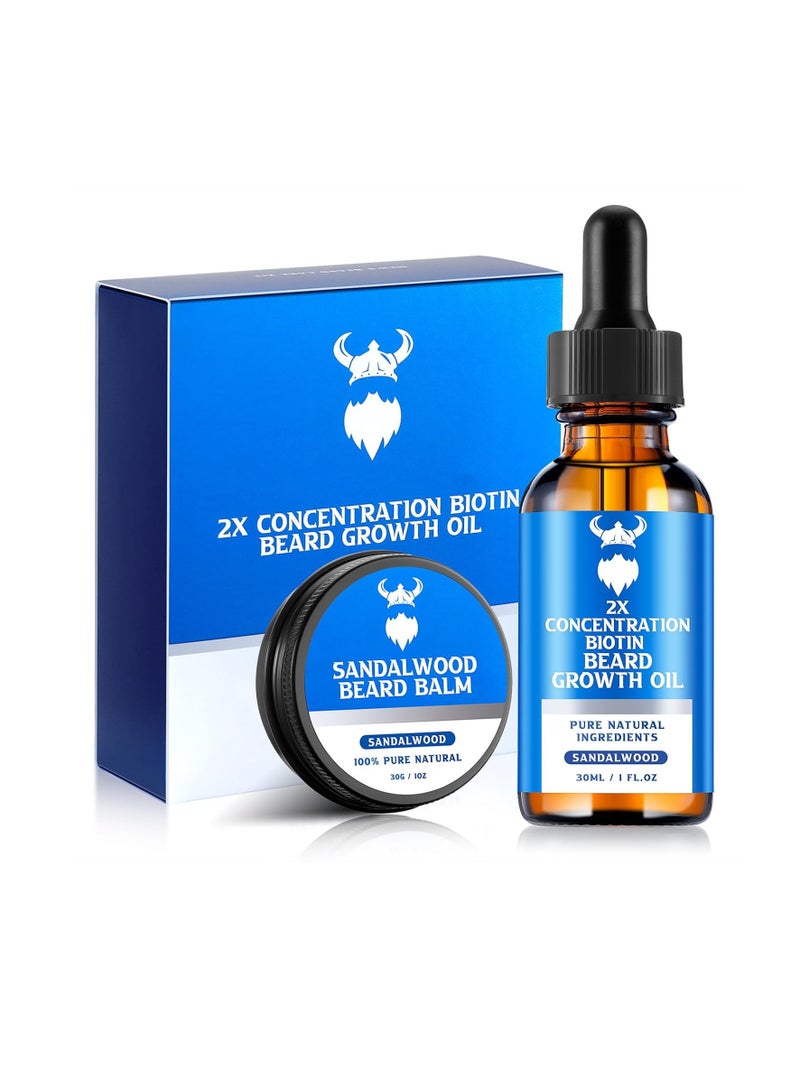 Sandalwood Beard Growth Oil & Beard Balm - Beard Growth Kit with 2X Concentration Biotin for Men, Natural Ingredients with Argan Oil, Jojoba Oil and Vitamin (Sandalwood)  - Image 1