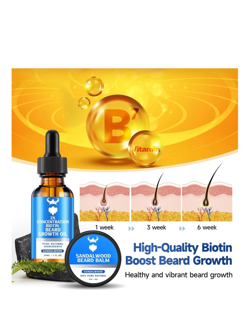 Sandalwood Beard Growth Oil & Beard Balm - Beard Growth Kit with 2X Concentration Biotin for Men, Natural Ingredients with Argan Oil, Jojoba Oil and Vitamin (Sandalwood)  - Image 2