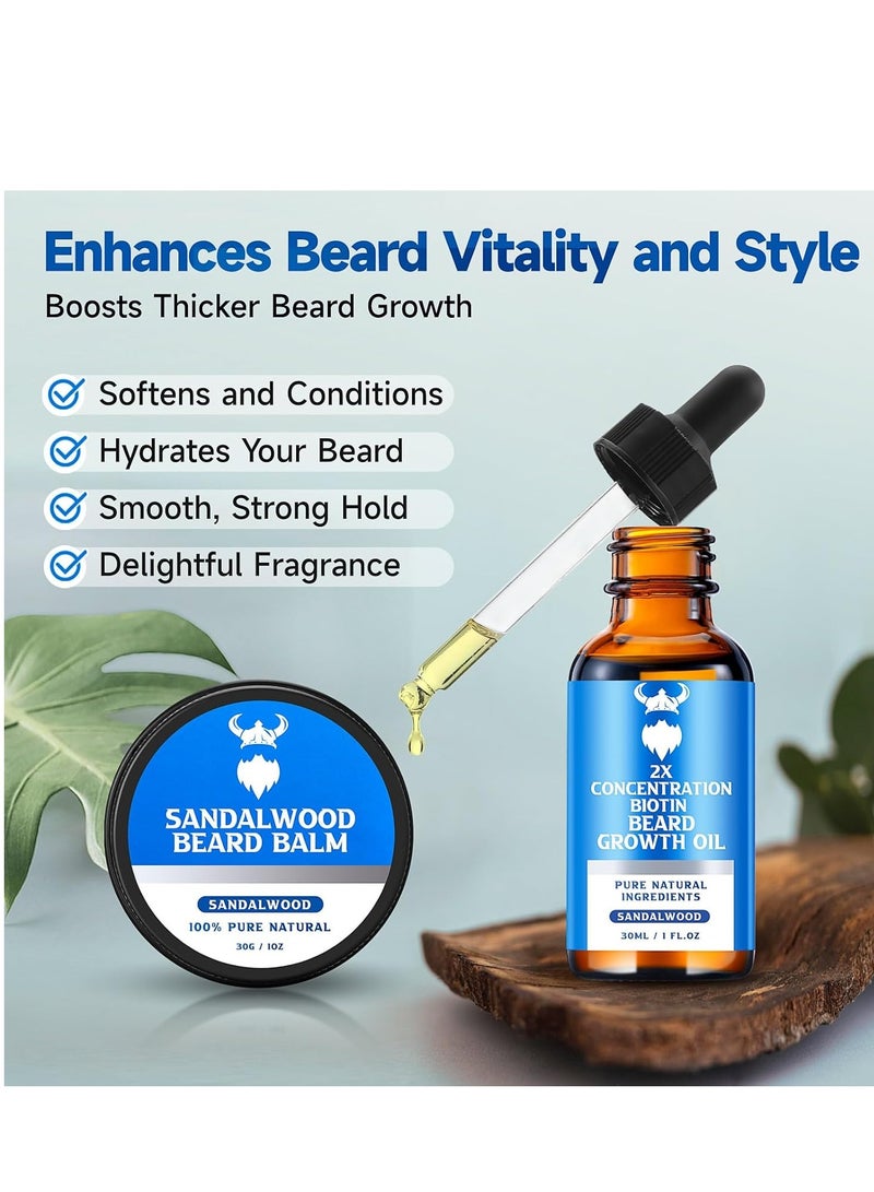 Sandalwood Beard Growth Oil & Beard Balm - Beard Growth Kit with 2X Concentration Biotin for Men, Natural Ingredients with Argan Oil, Jojoba Oil and Vitamin (Sandalwood)  - Image 3