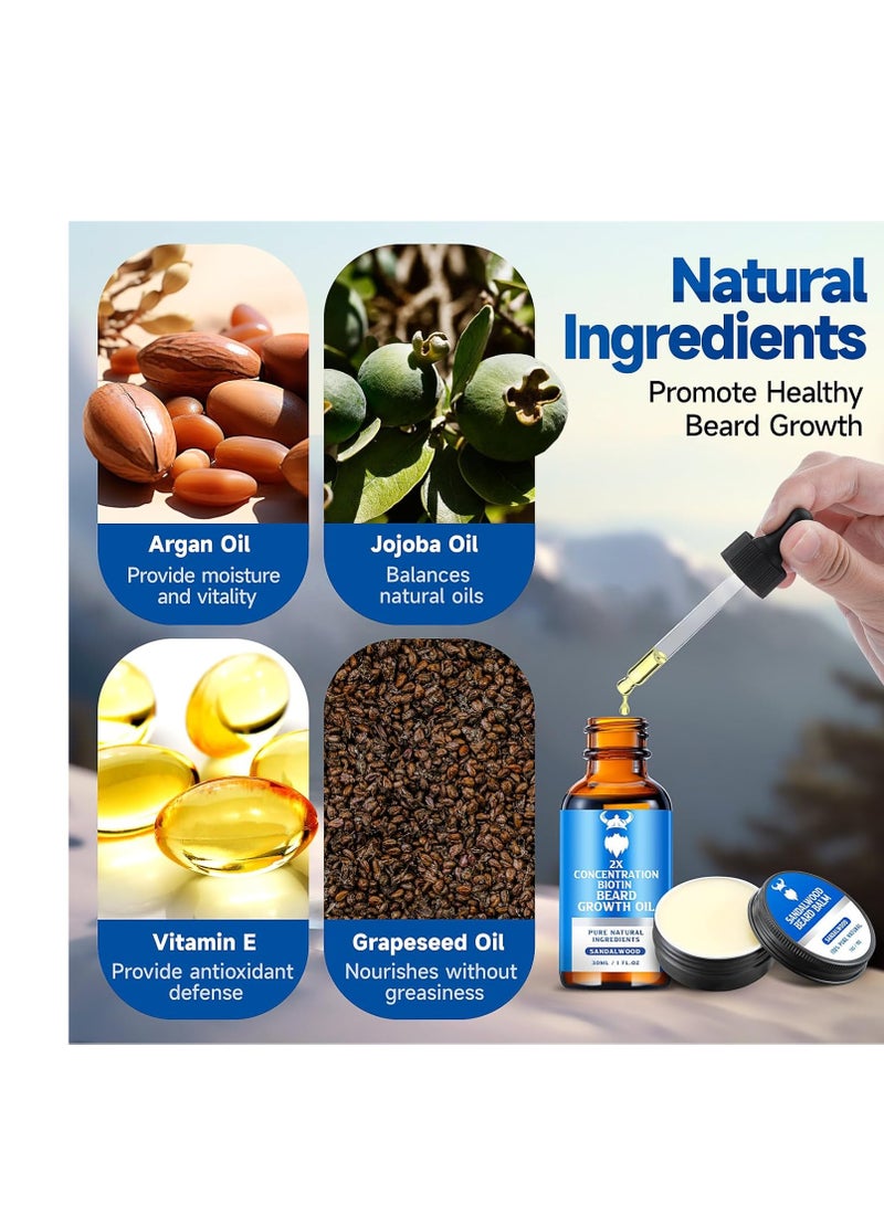 Sandalwood Beard Growth Oil & Beard Balm - Beard Growth Kit with 2X Concentration Biotin for Men, Natural Ingredients with Argan Oil, Jojoba Oil and Vitamin (Sandalwood)  - Image 4
