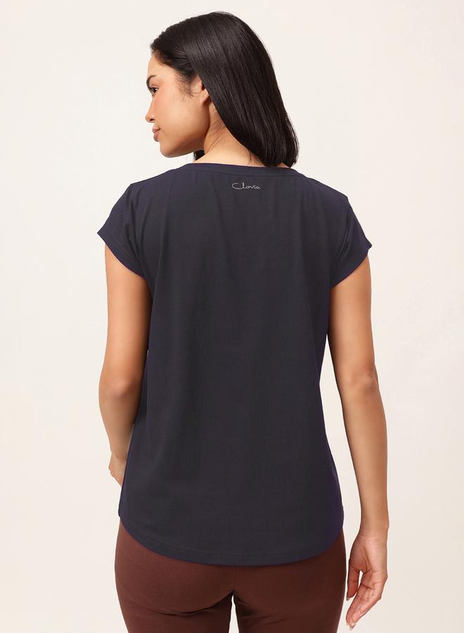 Clovia Navy Blue Solid Comfort Fit Activewear T-Shirt - Image 4