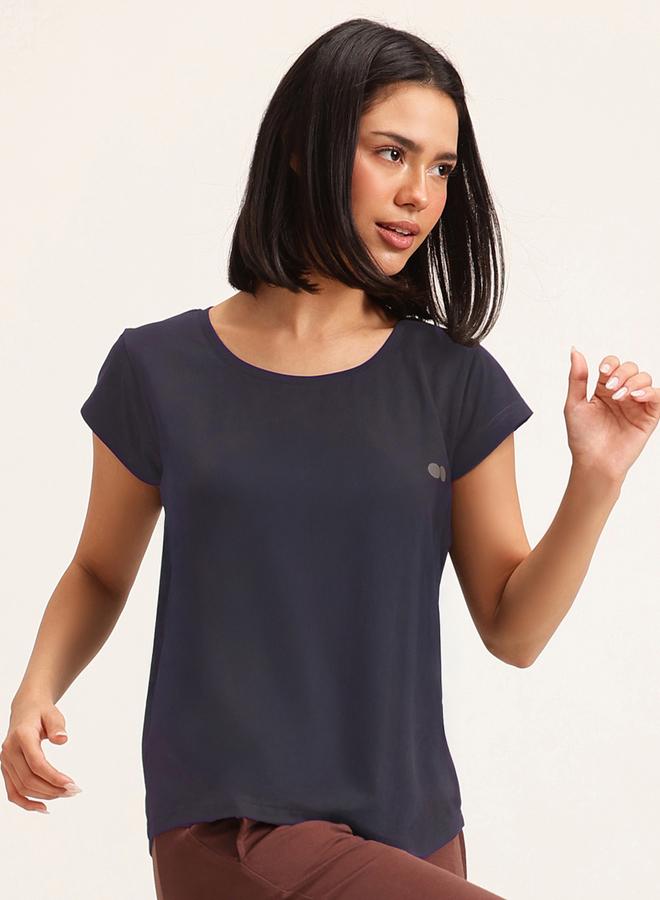 Clovia Navy Blue Solid Comfort Fit Activewear T-Shirt - Image 3