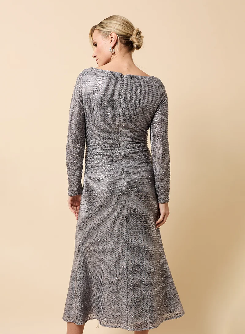 Little Mistress Sequin Detail Crew Neck Long Sleeve Maxi Dress