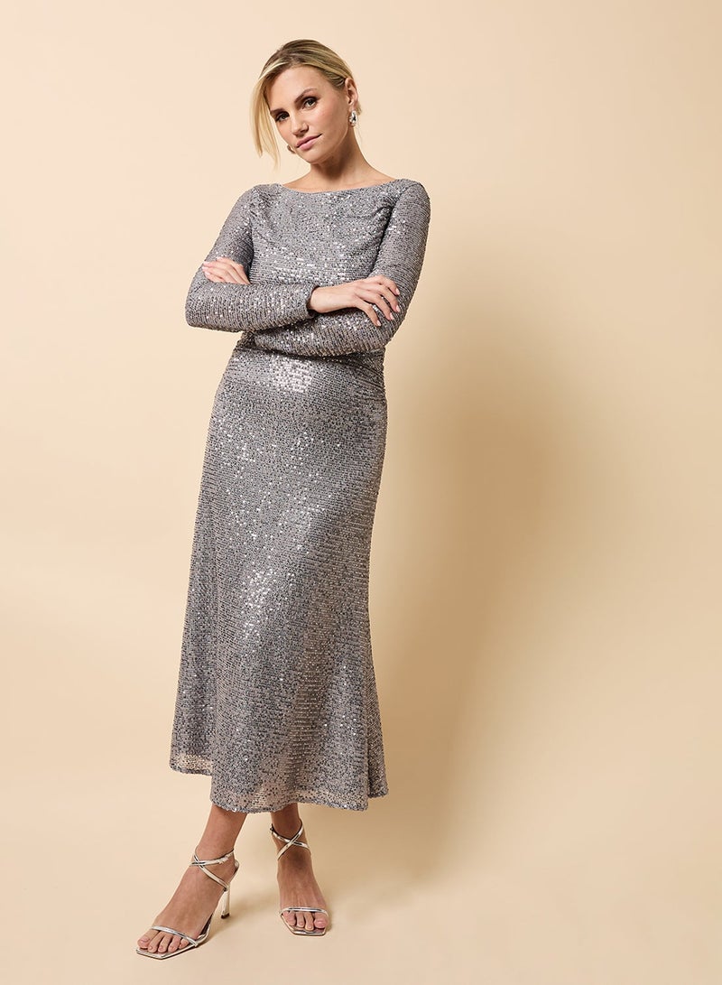 Little Mistress Sequin Detail Crew Neck Long Sleeve Maxi Dress - Image 1