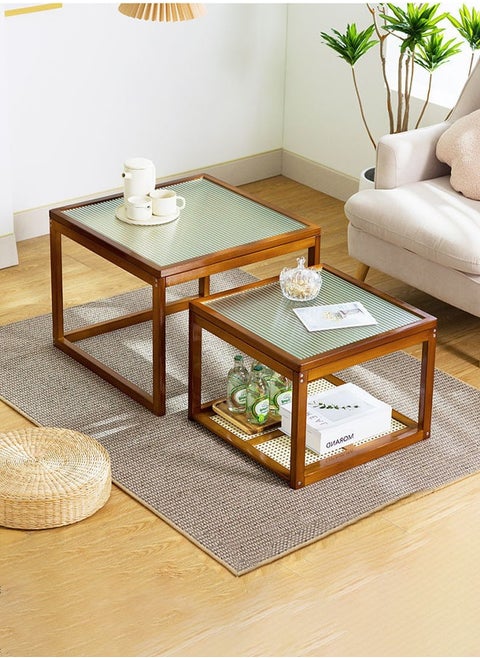 2-Pack Bamboo Side Table Small Tea Table Glass Table Sofa Side Square Table Mini Coffee Table Light Luxury Simple Style