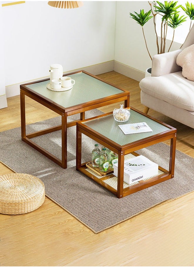 Mu Ma Ren - 2-Pack Bamboo Side Table Small Tea Table Glass Table Sofa Side Square Table Mini Coffee Table Light Luxury Simple Style - Image 1