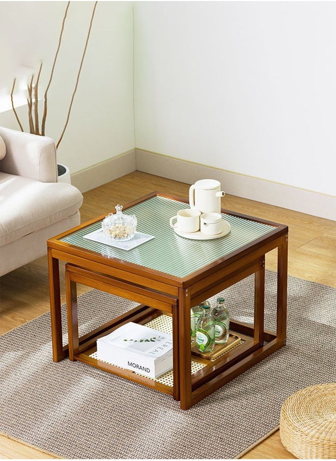 Mu Ma Ren - 2-Pack Bamboo Side Table Small Tea Table Glass Table Sofa Side Square Table Mini Coffee Table Light Luxury Simple Style - Image 1