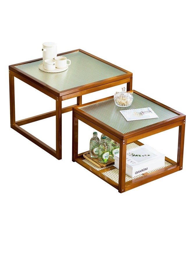 Mu Ma Ren - 2-Pack Bamboo Side Table Small Tea Table Glass Table Sofa Side Square Table Mini Coffee Table Light Luxury Simple Style - Image 1