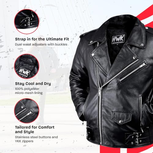 HWK Brando Black Leather Motorcycle Jacket for Men w/CE Armor, Thermal Lining, & Water-Resistant Construction – Comfy Vintage Style for All-Weather Riding, Motorcycle Gear, Large Black Leather Jacket - Image 3