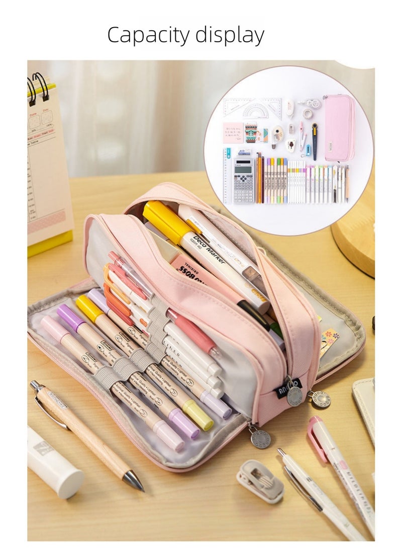 Large Capacity Pencil Case 3 Compartment Pouch Pen Bag for School Teen Girl Boy Men Women, Pink, Lightweight,travel - Image 3