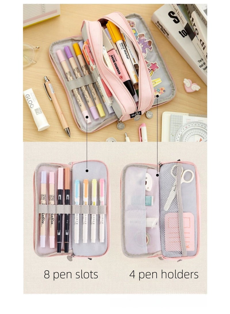 Large Capacity Pencil Case 3 Compartment Pouch Pen Bag for School Teen Girl Boy Men Women, Pink, Lightweight,travel - Image 1