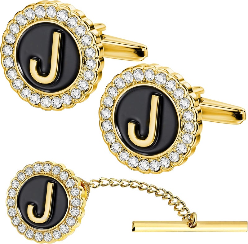 هاوسن Gold Cufflinks and Tie Tack for Men, Gold Cufflinks Crystal with Lapel Pins for Men's Women Set, Tie Tack with Chain on Tie Wedding Business Accessories - Image 1