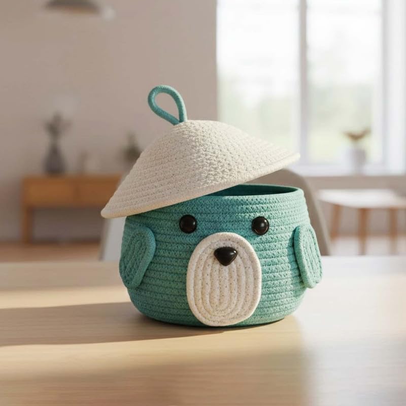 BIANCO Cute Animal Face Rope Storage Basket with Lid for Kids | Premium Aqua Blue Cotton Rope Nursery Organizer for Toys, Baby Essentials, Bathroom & Home Décor | Soft & Durable Handcrafted Basket - Image 5
