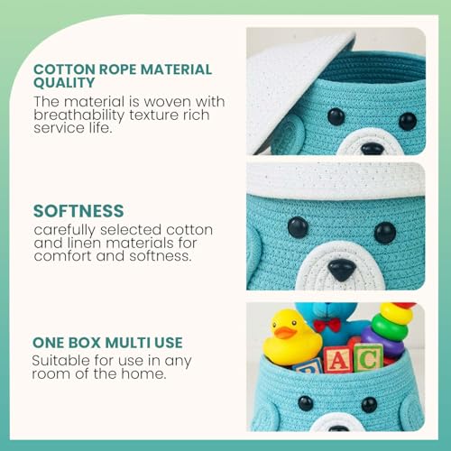 BIANCO Cute Animal Face Rope Storage Basket with Lid for Kids | Premium Aqua Blue Cotton Rope Nursery Organizer for Toys, Baby Essentials, Bathroom & Home Décor | Soft & Durable Handcrafted Basket - Image 2