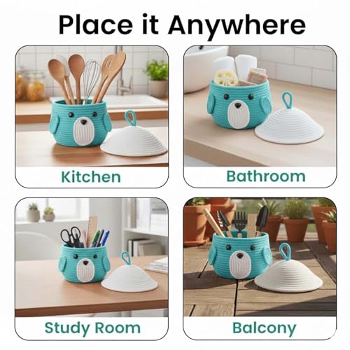 BIANCO Cute Animal Face Rope Storage Basket with Lid for Kids | Premium Aqua Blue Cotton Rope Nursery Organizer for Toys, Baby Essentials, Bathroom & Home Décor | Soft & Durable Handcrafted Basket - Image 4