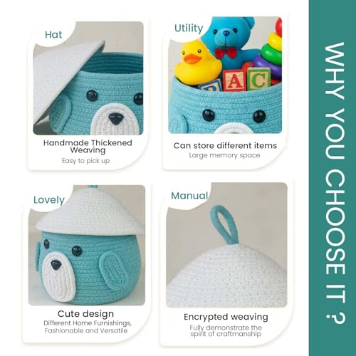 BIANCO Cute Animal Face Rope Storage Basket with Lid for Kids | Premium Aqua Blue Cotton Rope Nursery Organizer for Toys, Baby Essentials, Bathroom & Home Décor | Soft & Durable Handcrafted Basket - Image 3