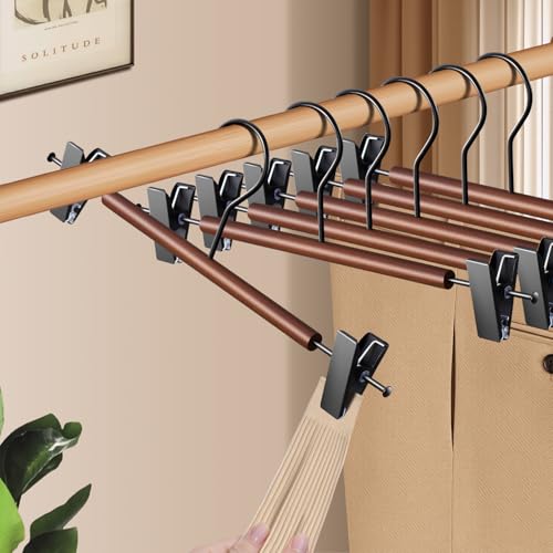 HWAJAN Wooden Pants Hangers with Clips 20 Pack Adjustable Wood Skirt Hangers for Women&Men Space Saving Closet Non Slip Clothes Hanger for Jeans,Trousers,Short,12Inch Brown - Image 4