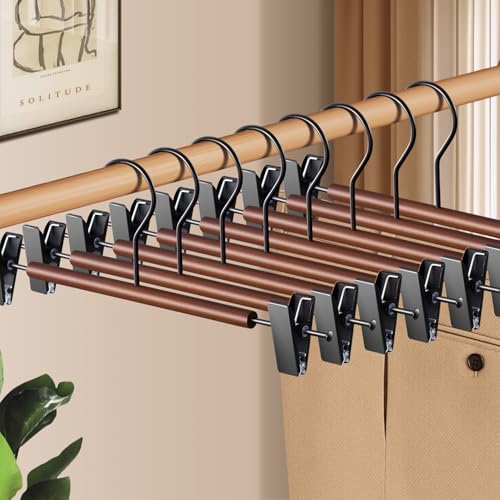 HWAJAN Wooden Pants Hangers with Clips 20 Pack Adjustable Wood Skirt Hangers for Women&Men Space Saving Closet Non Slip Clothes Hanger for Jeans,Trousers,Short,12Inch Brown - Image 2