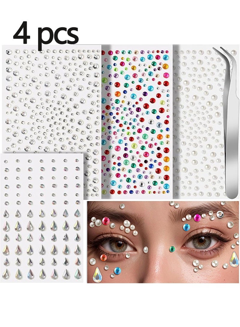4Pcs Self Adhesive Face Gems & Pearls for Makeup, Rhinestone Stickers for Face & Eye, Hair Pearls for Festival, DIY Decorations, Ideal for Party & Events - Image 1