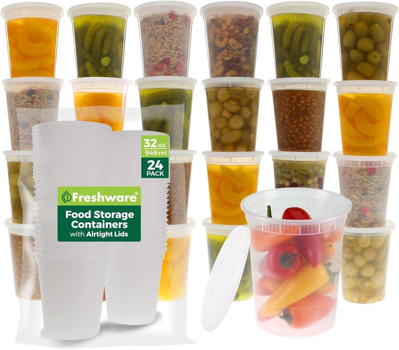 Freshware Food Storage Containers [24 Set] 32 oz Plastic Deli Containers with Lids, Slime, Soup, Meal Prep Containers | BPA Free | Stackable | Leakproof | Microwave/Dishwasher/Freezer Safe - Image 1