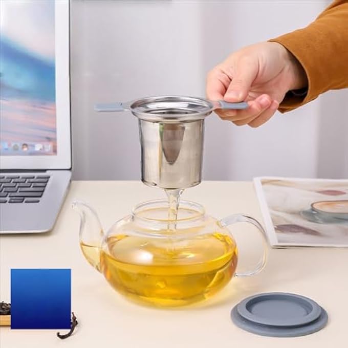 ريحني مصافي نقع الشاي 304 من الفولاذ المقاوم للصدأ مع مقابض مزدوجة مقاومة للحرارة وكرات شبكية دقيقة للغاية وحامل موزع وفلتر للأكواب - Image 4