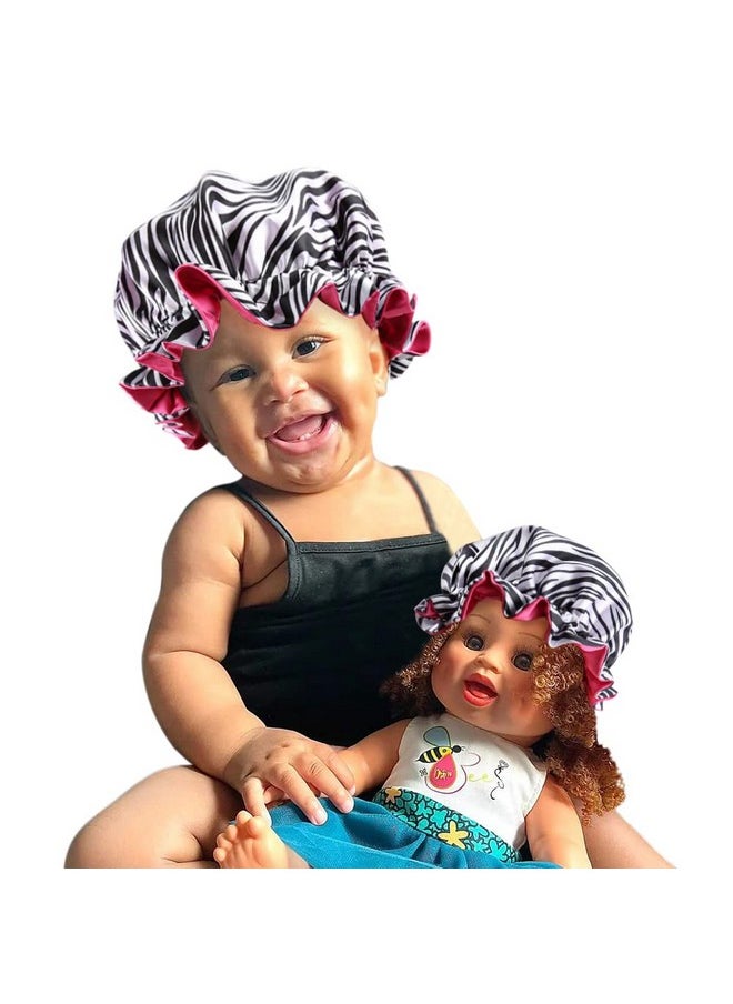 sent hair Kids And Dolls Matching Bonnet Set Satin Bonnet Sleeping Cap Adjustable Sleep Bonnet With Drawstring Reversible Night Caps For Kids Child Baby Toddler Double Layer Zebra Pattern/Rose Red  - Image 1