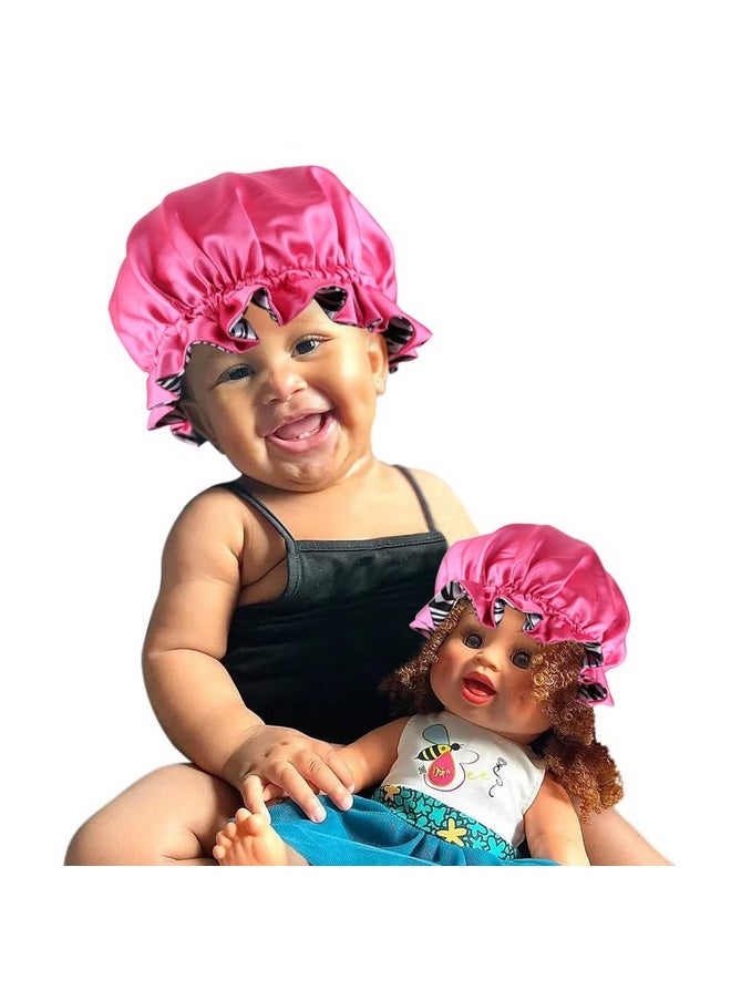 sent hair Kids And Dolls Matching Bonnet Set Satin Bonnet Sleeping Cap Adjustable Sleep Bonnet With Drawstring Reversible Night Caps For Kids Child Baby Toddler Double Layer Zebra Pattern/Rose Red  - Image 2