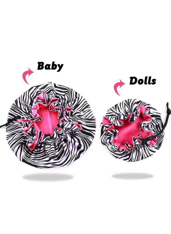 sent hair Kids And Dolls Matching Bonnet Set Satin Bonnet Sleeping Cap Adjustable Sleep Bonnet With Drawstring Reversible Night Caps For Kids Child Baby Toddler Double Layer Zebra Pattern/Rose Red  - Image 3
