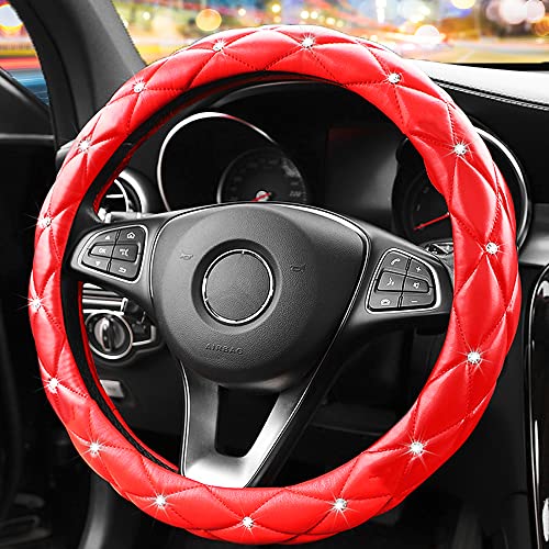 YOGURTCK Cute Diamond Soft Leather AntiSlip Steering Wheel Cover with Bling Bling Crystal Rhinestones Universal 15 Inch for Women Girls Fit Vehicles Sedans SUVs Vans Trucks Red - Image 1