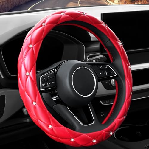 YOGURTCK Cute Diamond Soft Leather AntiSlip Steering Wheel Cover with Bling Bling Crystal Rhinestones Universal 15 Inch for Women Girls Fit Vehicles Sedans SUVs Vans Trucks Red - Image 3