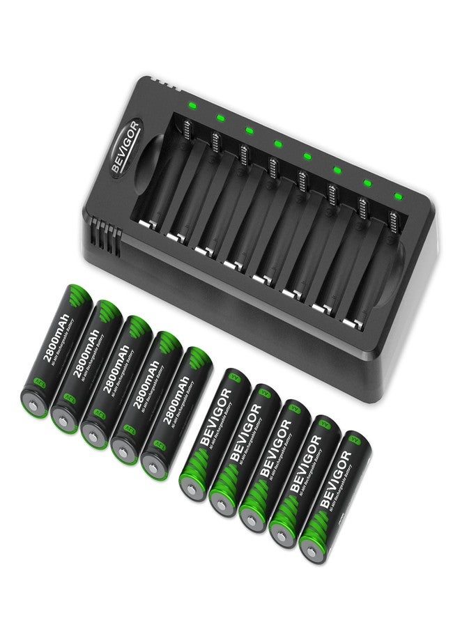 BEVIGOR High Capacity 1.2V Ni-MH Batteries, Pack of 10 AA Rechargeable Batteries 2800mAh with a 8 Bay Smart Charge - Image 1