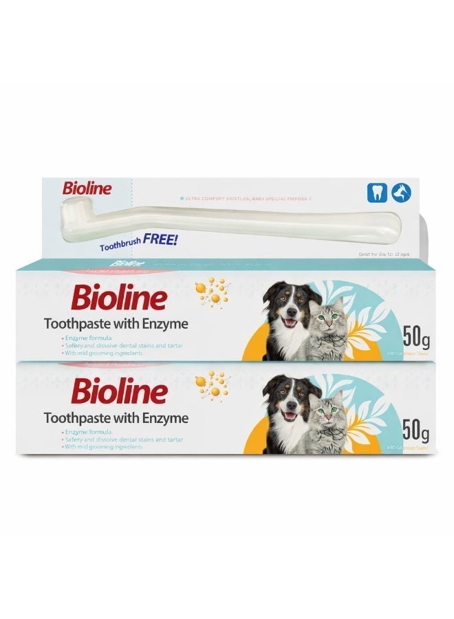 Bioline Dog Toothpaste Enzyme 50g Pack of 2 – Bioline Tartar Control Dental Care Gel for Dogs Fresh Breath & Oral Hygiene with Free Toothbrush - Image 1