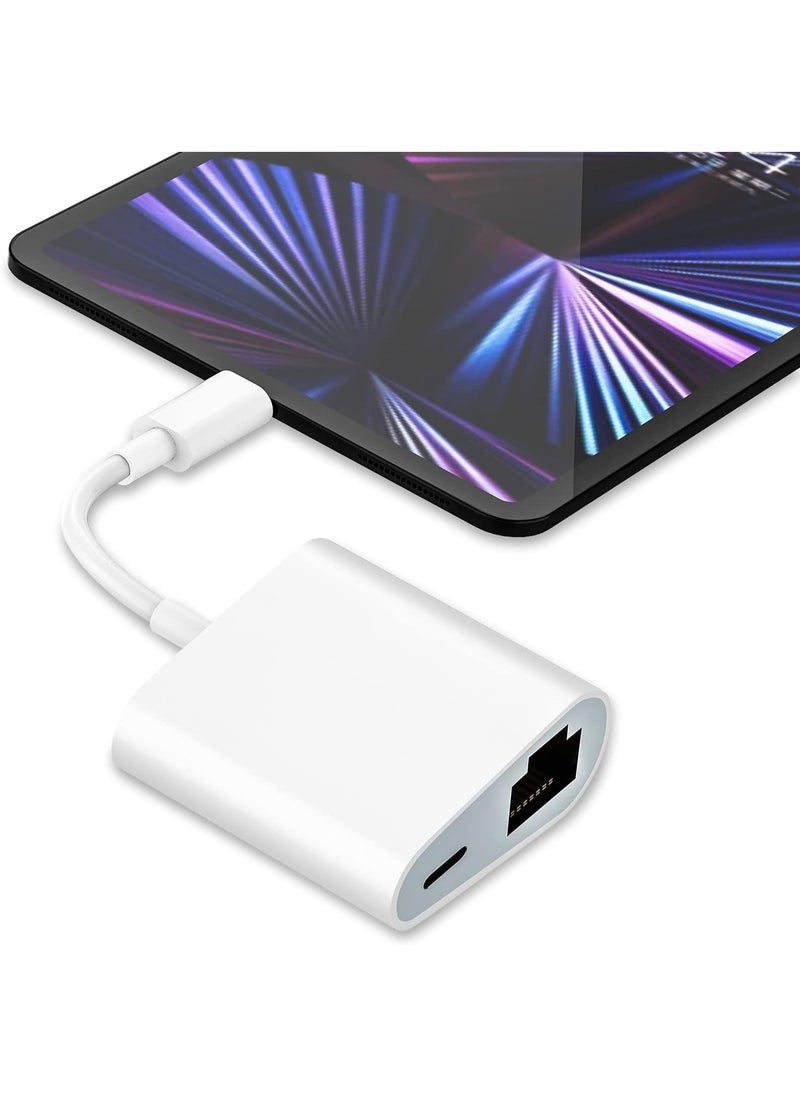 Lightning to Ethernet Adapter, 2-in-1 RJ45 LAN Network Adapter with Charging Port for Phone/Tablet – Plug & Play, 100Mbps Support