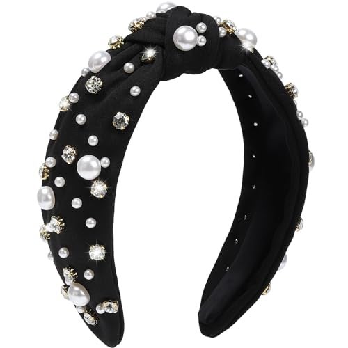 WantGor Pearl Knotted Headband Women Rhinestone Embellished Hairband Elegant Wide Top Knot Bride Headbands Headpieces Party Fashion Elegant Ladies Hair Band Hair Hoop Accessories Black - Image 1