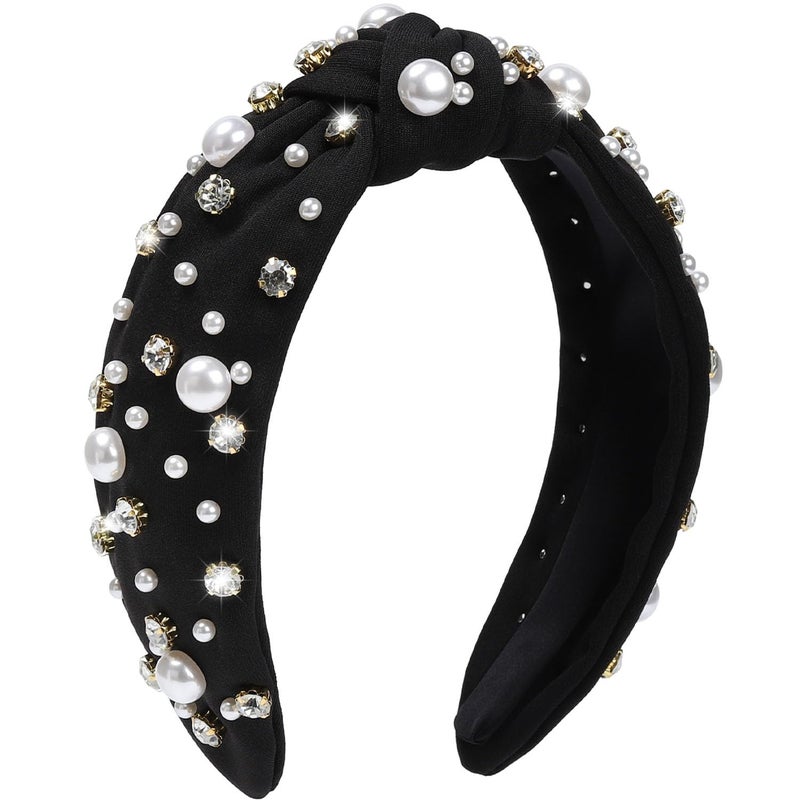 WantGor Pearl Knotted Headband Women Rhinestone Embellished Hairband Elegant Wide Top Knot Bride Headbands Headpieces Party Fashion Elegant Ladies Hair Band Hair Hoop Accessories Black - Image 3