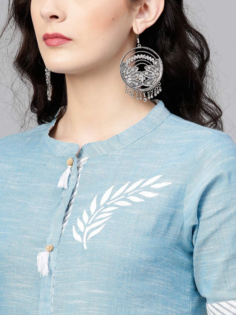 Pannkh Women's Cotton Chambray Kurta with Tassel Detail Ethnic Printed Kurti for Work & Casual Wear Soft Fabric, Front Design, and Flowy Fit - Image 2
